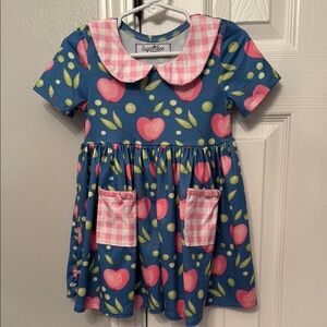 Sugar Bee Blue Dress with Pink Apples and Gingham Collar
